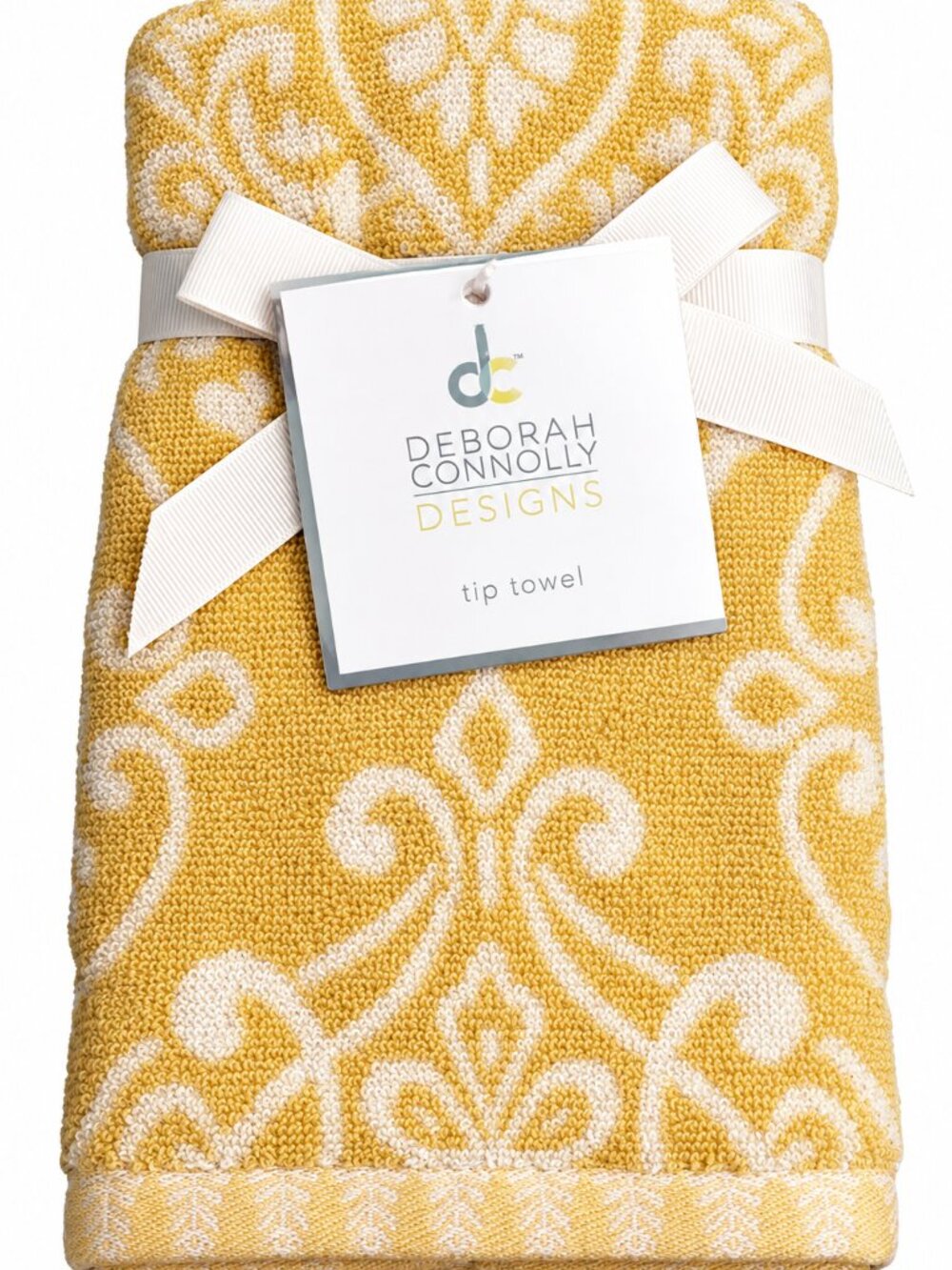 Deborah Connolly Fingertip Towels Bathroom Yellow White Fleur de Lis Set of 2